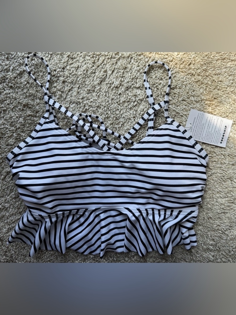 COCOSHIP Black & White Striped Ruffle Peplum Bikini Top Size Medium NWT